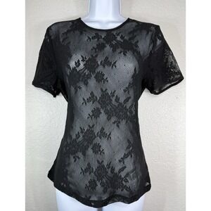 Gap Black Floral Lace Mesh Top Women's L sheer overlay Short Sleeve Layering